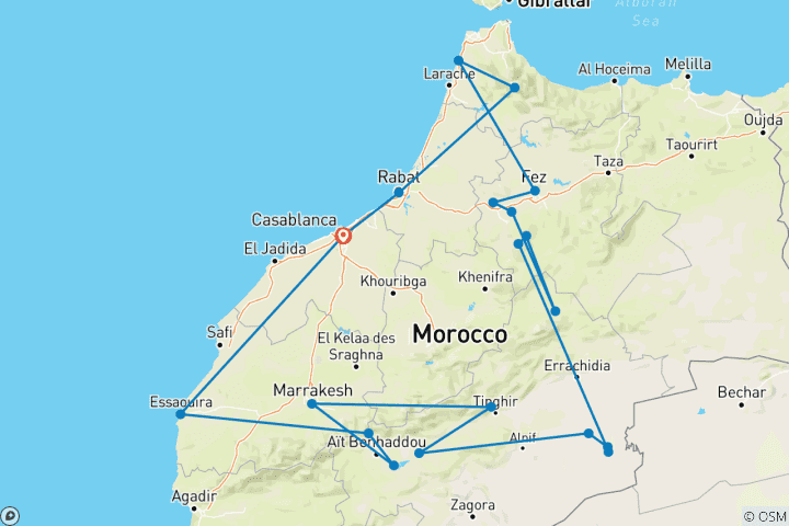 Map of 15-Day  Tour From Casablanca To Chefchaouen Imperial Cities Essaouira & Erg Chebbi Luxury Desert Camp