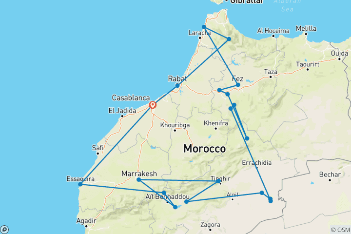 Mapa de Circuito de 15 Días De Casablanca a Chefchaouen Ciudades Imperiales Essaouira Y Campamento De Lujo En El Desierto De Erg Chebbi