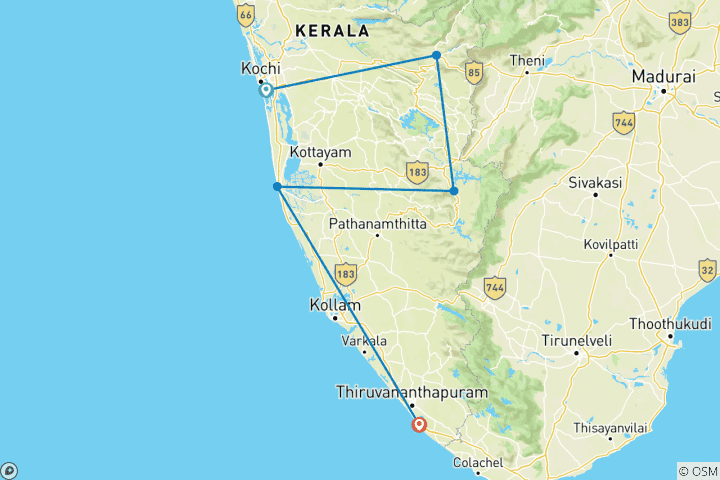 Carte du circuit Circuit privé au Kerala de Cochin à Kovalam : Backwaters, collines et plages