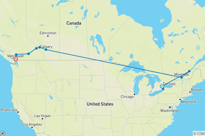 Carte du circuit 17 jours Canada : les points forts de l'est et de l'ouest