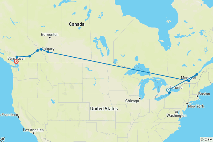 Carte du circuit 17 jours Canada : les points forts de l'est et de l'ouest