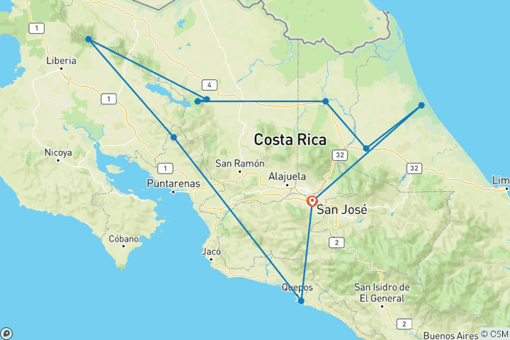 Map of Costa Rica - Pacific to Caribbean Round Trip