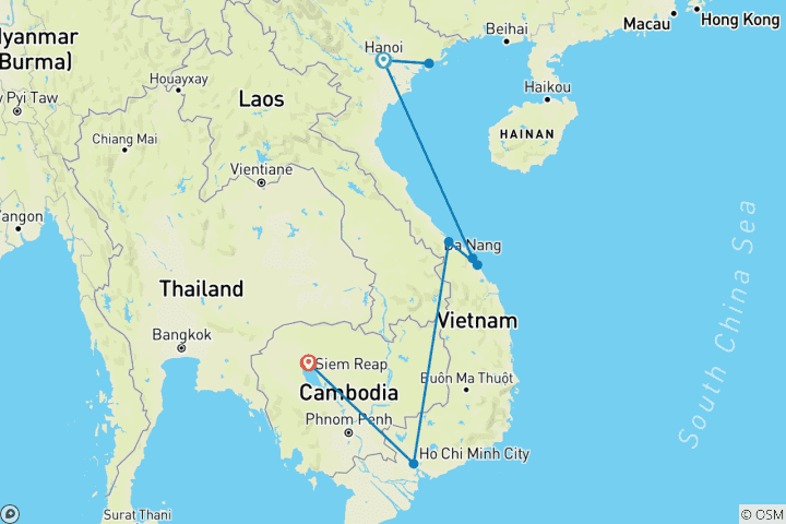 Mapa de 13 días ida y vuelta: Vietnam y Camboya