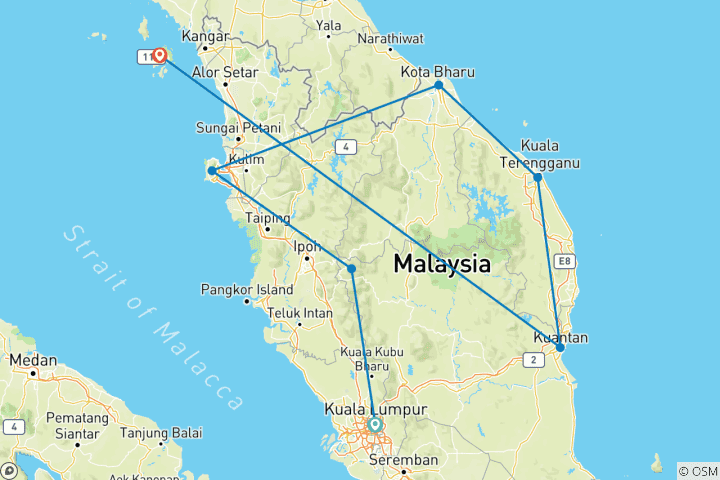 Carte du circuit 15 jours en Malaisie : Découverte de la péninsule et de l'île de Langkawi