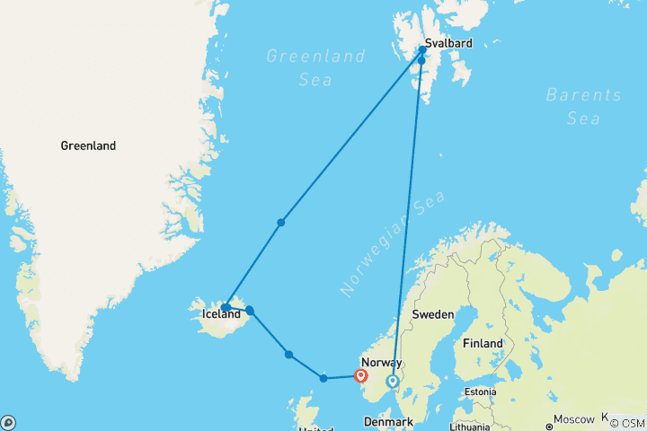 Mapa de De isla en isla por el Ártico: Spitsbergen, Islandia e islas Feroe: En dirección sur - MS Spitsbergen