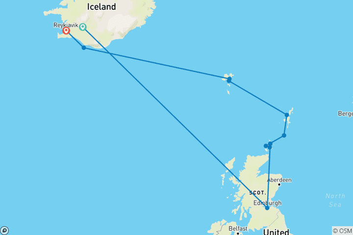 Kaart van Eilandhoppen in de Noord-Atlantische Oceaan – de Britse eilanden, de Faeröer & IJsland – noordwaarts