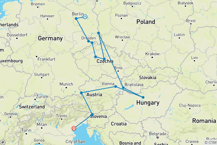 Map of Berlin to Venice (28 destinations)
