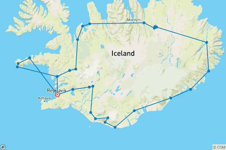 Carte du circuit Circuit en petit groupe sur la route circulaire d'Islande et la péninsule de Snæfellsnes - 7 jours
