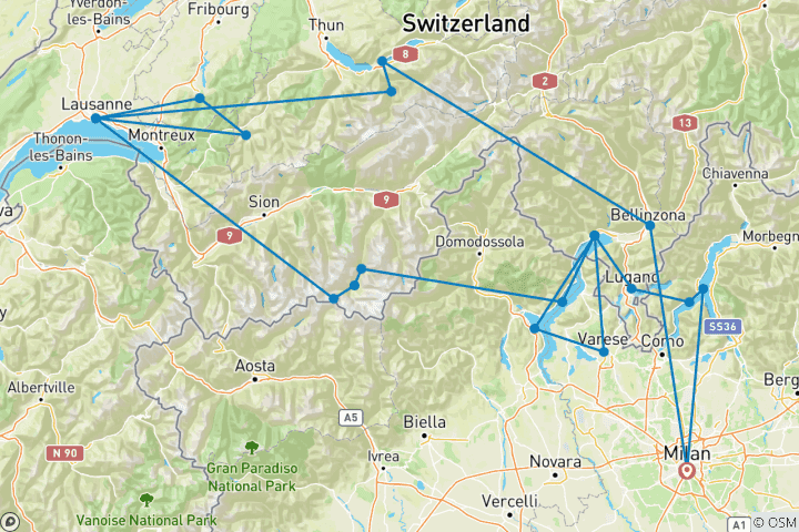 Carte du circuit Lac de Côme et Alpes suisses - 6 jours