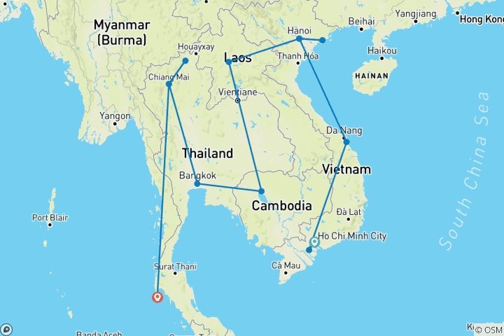 Kaart van Avontuurlijke reis door Indochina & Thailand