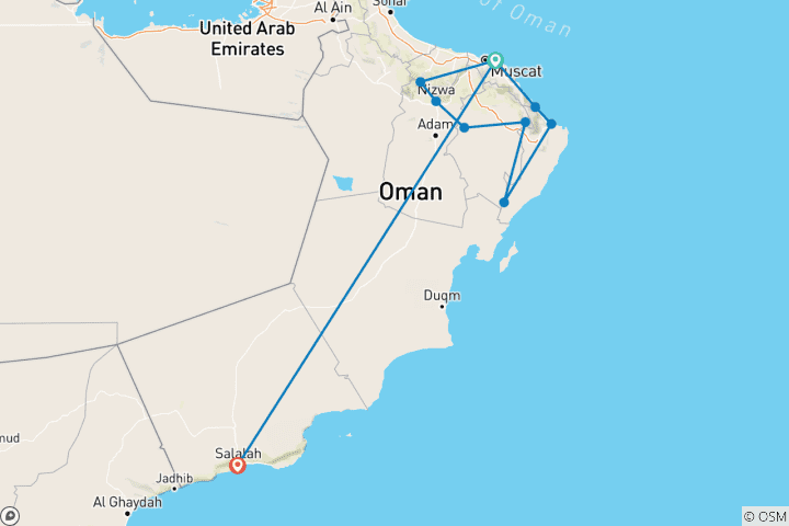 Map of Oman Trip - Grand Oman Round Trip from Muscat to Salalah