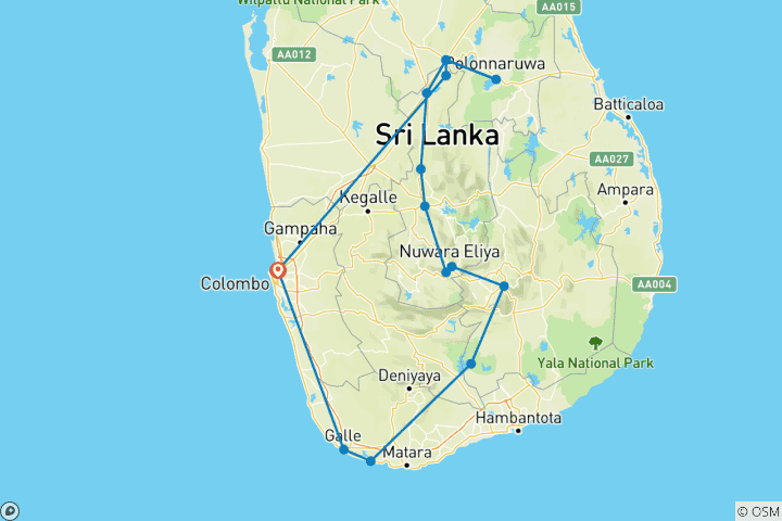 Map of Sri Lanka: Cultural Treasures - Landscapes - Beach - 13 Days