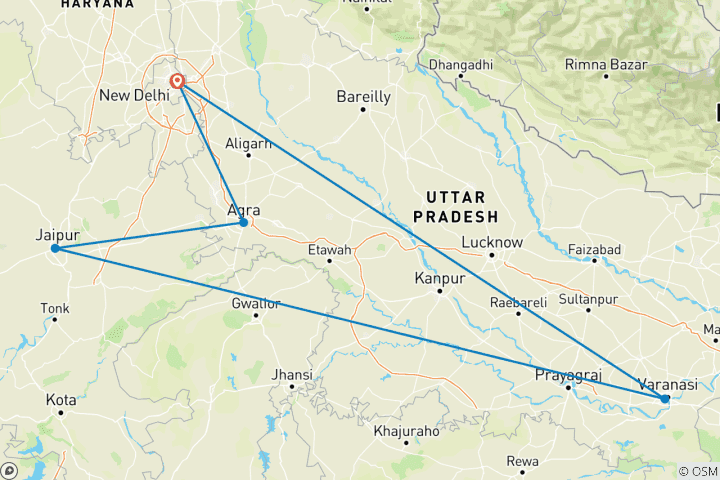 Carte du circuit Triangle d'or de l'Inde avec Varanasi 9 jours