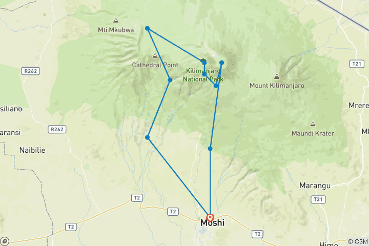 Karte von Kilimandscharo Besteigung über die Machame Route - 8 Tage