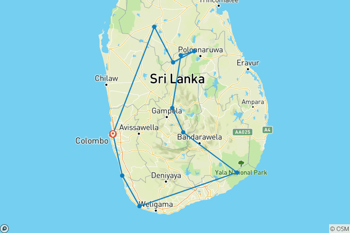 Carte du circuit Sri Lanka au complet - 15 jours