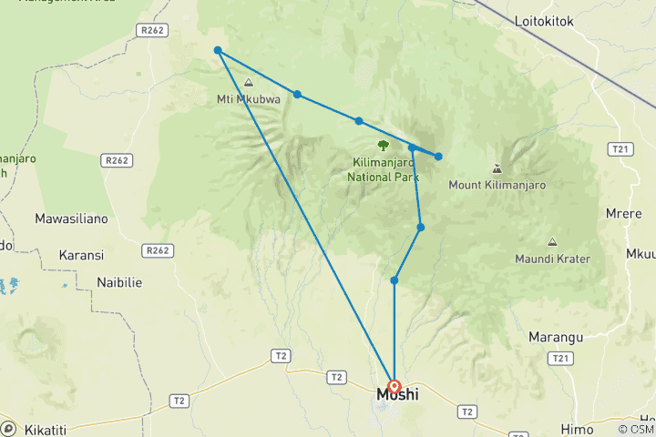 Karte von Kilimandscharo Besteigung über die Northern Circuit Route - 9 Tage