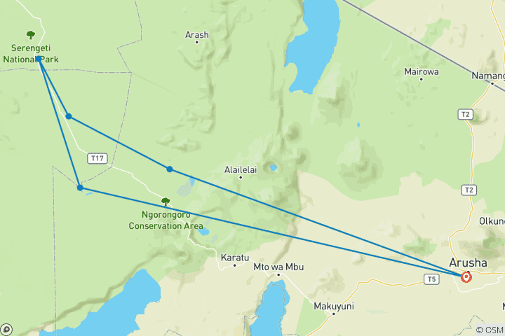 Map of 5 Days - Ndutu Wildebeest Migration Calving Season Safari