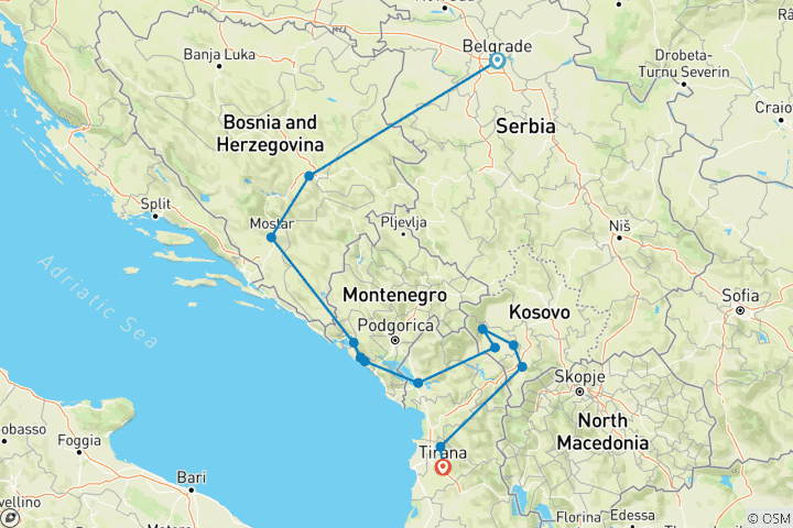 Map of Tour from Belgrade to Tirana; 5 Balkans Countries in 8 days