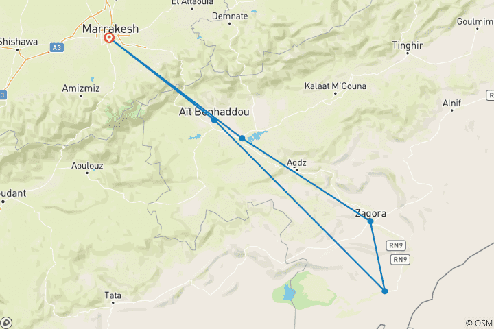 Carte du circuit 2 jours de Marrakech au désert - M'hamid