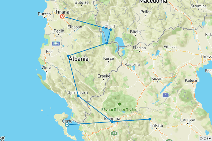 Carte du circuit De Corfou à Tirana, visite de la Grèce, de l'Albanie et de la Macédoine du Nord en 7 jours