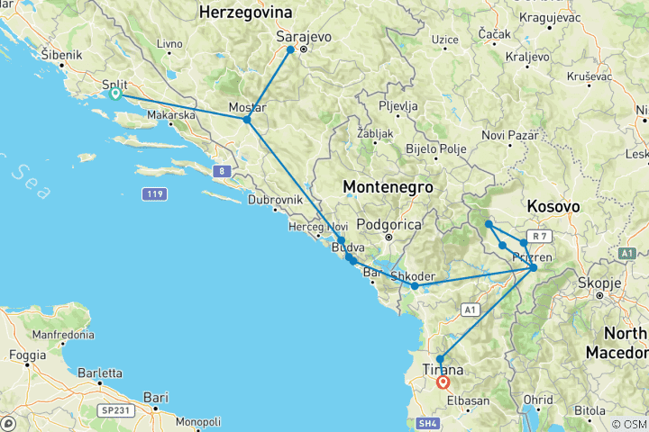 Carte du circuit De Split à Tirana, visite de 5 pays des Balkans en 8 jours