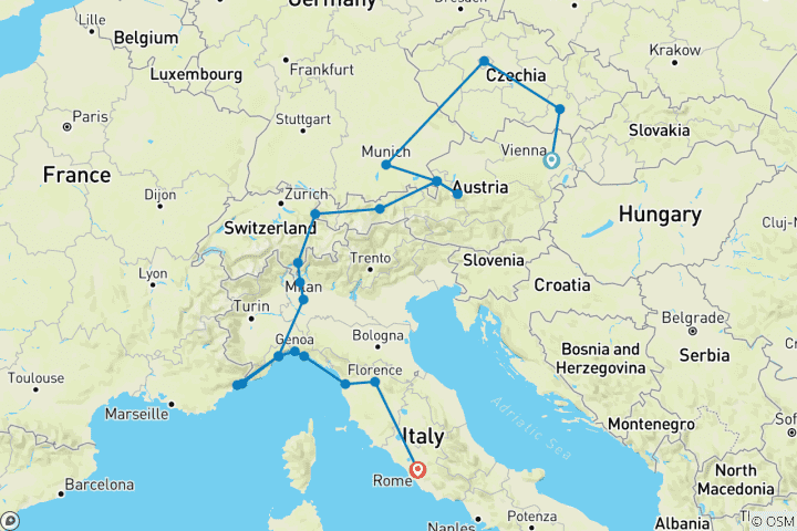 Karte von Höhepunkte Europas von Wien nach Rom; Halbprivate Tour mit engagiertem Reiseleiter & Auto