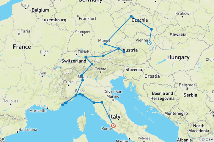 Map of Highlights of Europe; Small Group Tour from Vienna to Rome