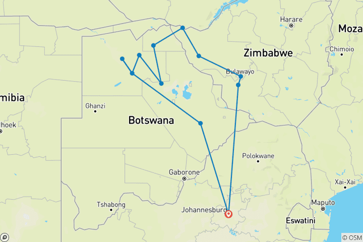 Map of 2024 16 DAY BOTSWANA CAMPING TOUR