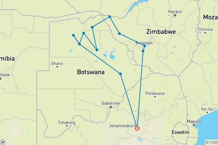 Carte du circuit 16 JOURS - CIRCUIT TERRESTRE AU BOTSWANA / CAMPING