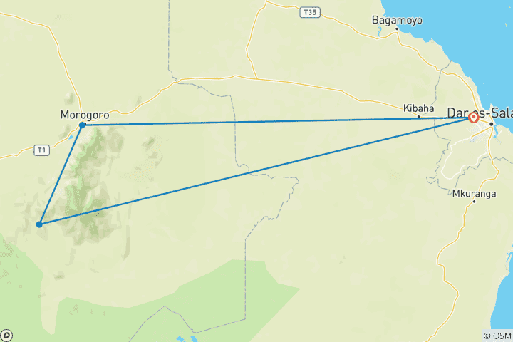 Map of 5days -Mikumi National Park and Udizungwa Mountain