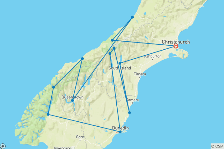 Carte du circuit Southern Tourer - aller-retour à Christchurch (2024)