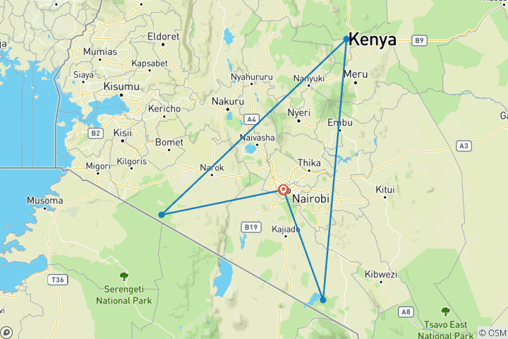 Map of 8 Days Kenya Family Luxury Safari :  Amboseli, Samburu And Maasai Mara on Jeep With Flights