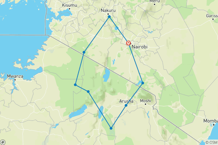 Karte von Großartiges Kenia and Tanzania mit 6 Wildreservaten Privatreise - 13 Tage