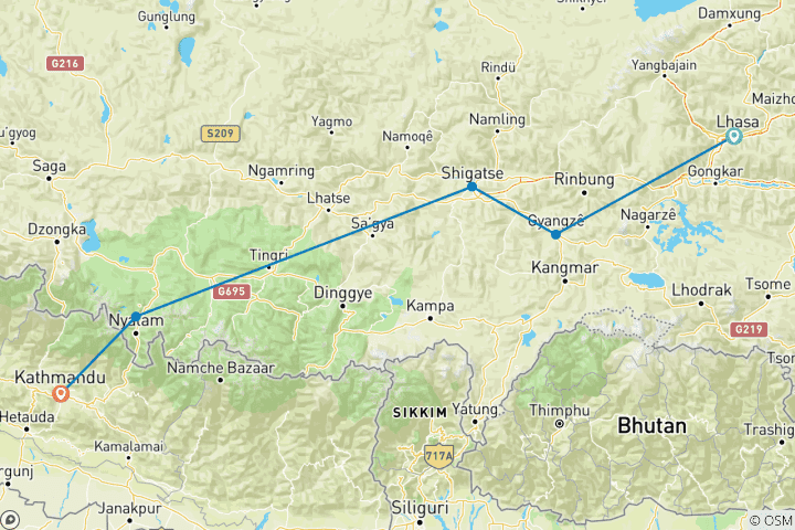 Mapa de Excursión de Lhasa a Katmandú vía campamento base del Everest