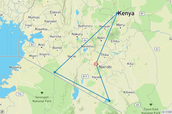 Map of 8Days Luxury Flying Safari :Amboseli, Samburu And Masai Mara on a 4x4 Land Cruiser Jeep