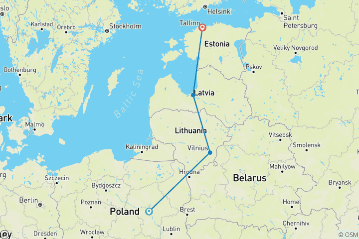 Carte du circuit Route orange de Varsovie au pays baltes - K0505 9dwawtll