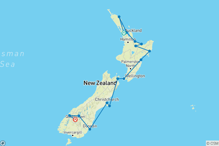 Karte von Neuseeländische Küstenexpedition mit Island von Auckland bis Queenstown