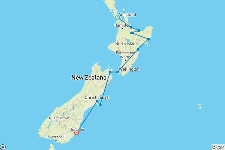 Carte du circuit Expédition côtière en Nouvelle-Zélande - Auckland → Dunedin (2024)