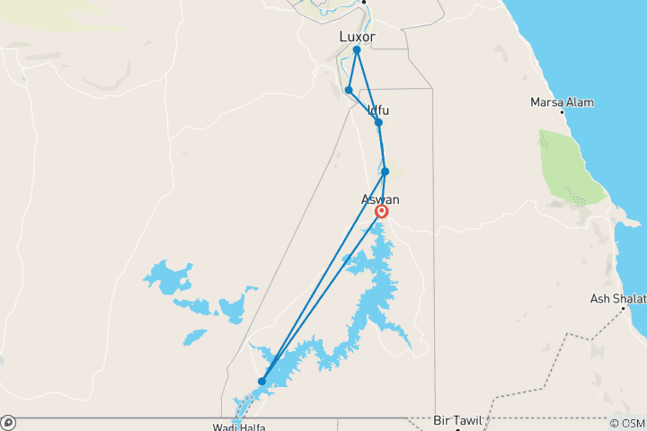 Kaart van 8 dagen / 7  Nijlcruises vanuit Aswan