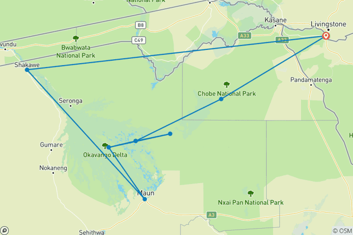 Mapa de Safari por la naturaleza en Botsuana (Savuti)