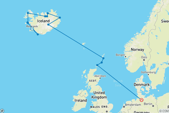 Mapa de Islandia y más allá - de Reikiavik a Hamburgo pasando por las islas del norte de Escocia