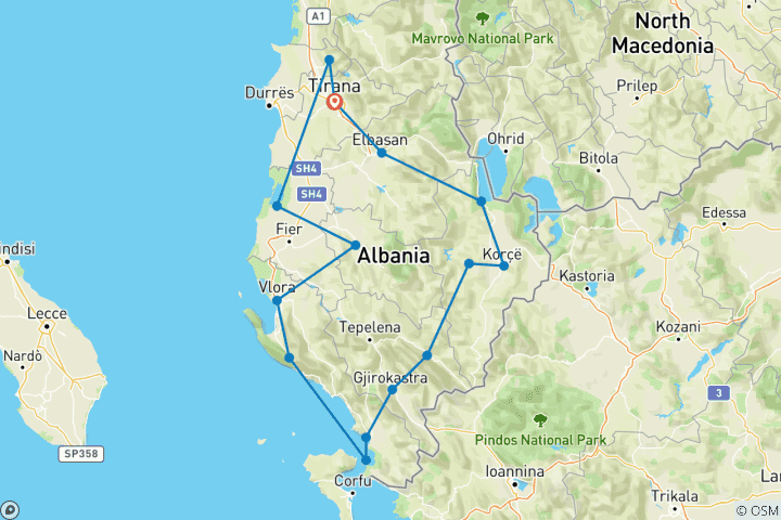 Map of Amazing 7 days Eco and Cultural Tour South East and west of Albania