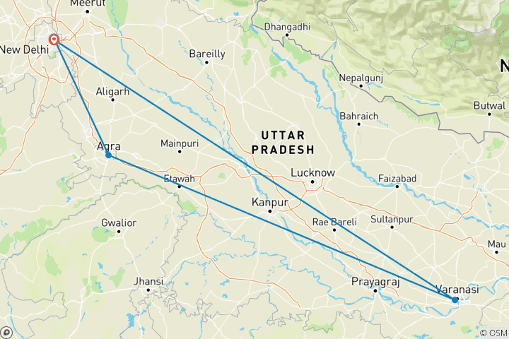 Carte du circuit Circuit de 4 jours à Delhi, Agra et Varanasi au départ de Delhi, avec visite du Taj Mahal au lever et au coucher du soleil