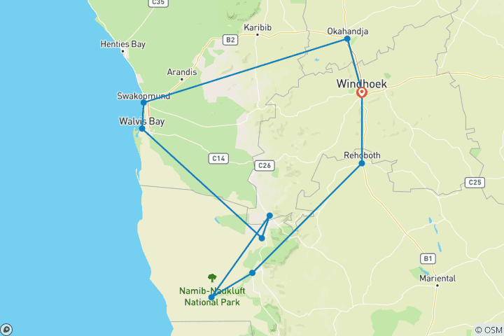 Map of 6 Day Skeleton Coast and Sossusvlei Experience