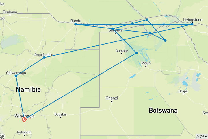 Karte von Namibia/Botswana/Simbabwe - Abenteuerreise: Buschmannland, Caprivi & Victoriafälle