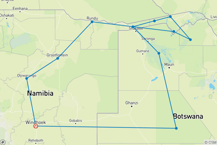 Karte von Namibia/Botswana/Simbabwe - Abenteuerreise: Buschmannland, Caprivi & Victoriafälle