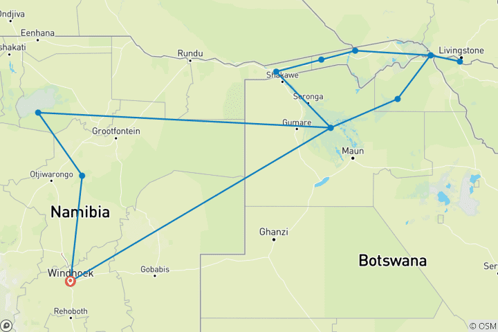 Karte von Namibia/Botswana/Simbabwe - Rundreise durch Buschmannland, Caprivi und Victoriafälle