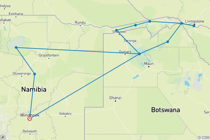 Map of Namibia, Botswana, Zimbabwe - Bushmanland, Caprivi and Victoria Falls