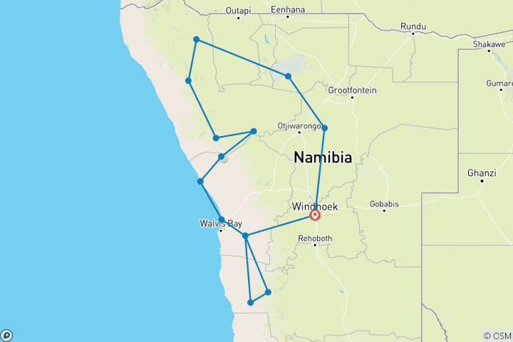 Karte von Namibia - Höhepunkte Namibias, Kaokoveld & Etoscha