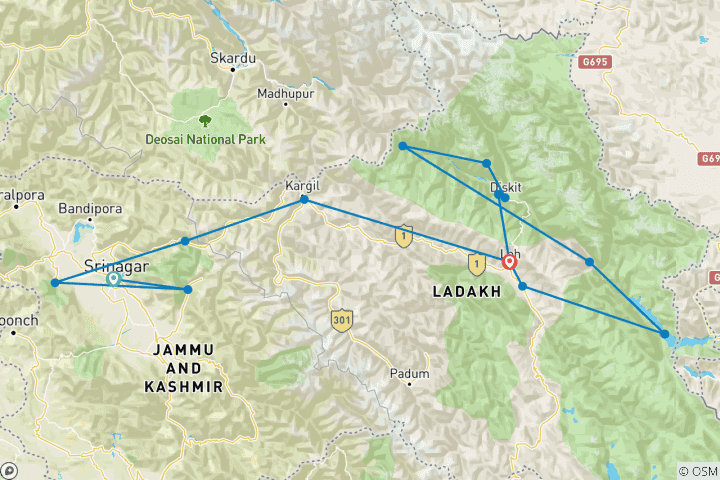 Mapa de Paquete turístico con acompalante a Cachemira y Ladakh